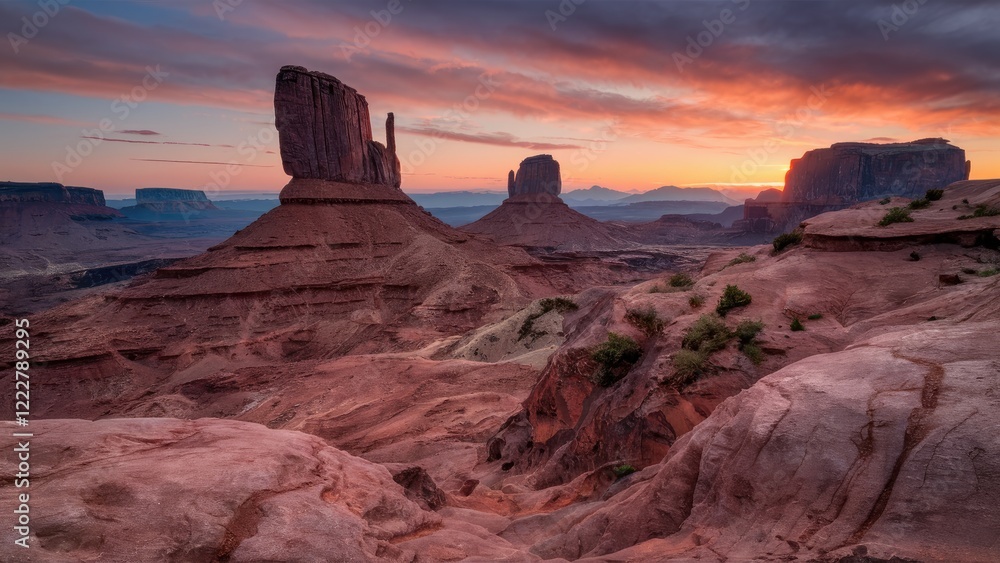 Majestic sunset over red rock formations with towering buttes and dramatic clouds in the background, showcasing the beauty of natural landscapes. Majestic sunset over red rock formations with towering buttes and dramatic clouds in the background, showcasing the beauty of natural landscapes.