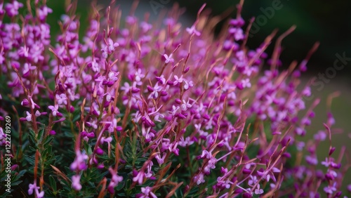 Vibrant scene of delicate purple false heather flowers flourishing amidst green foliage in a sunny outdoor garden setting capturing nature's beauty. photo