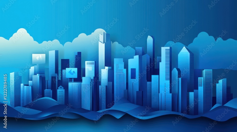 Obraz premium Stylized paper-cut city skyline illustration, blue gradient, modern urban landscape.