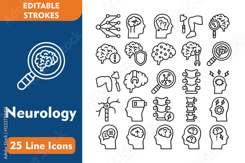 Neurology Line Editable Icons set. Vector illustration in thin line modern style related icons:neural network, epilepsy, alzheimer, knee, brain research, brain disorder, protection, brain points,