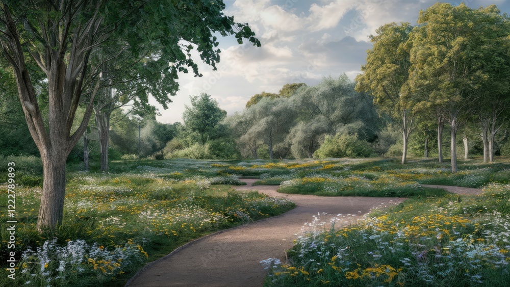 Scenic park landscape featuring vibrant wildflowers and lush greenery with a winding pathway under a cloudy sky, creating a tranquil atmosphere. Scenic park landscape featuring vibrant wildflowers and lush greenery with a winding pathway under a cloudy sky, creating a tranquil atmosphere.