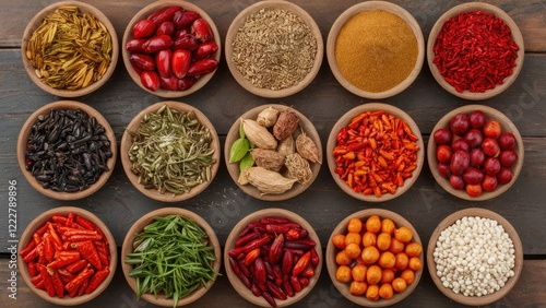 Fototapeta Naklejka Na Ścianę i Meble -  Variety of vibrant spices in clay bowls on a wooden background featuring shades of red, brown, green, and black arranged in an organized grid pattern.