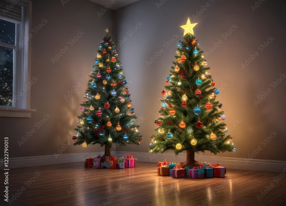 Glowing Christmas tree with LED lights and colorful ornaments, indoor decorating ideas, festive lighting, colorful ornaments Glowing Christmas tree with LED lights and colorful ornaments, indoor decorating ideas, festive lighting, colorful ornaments