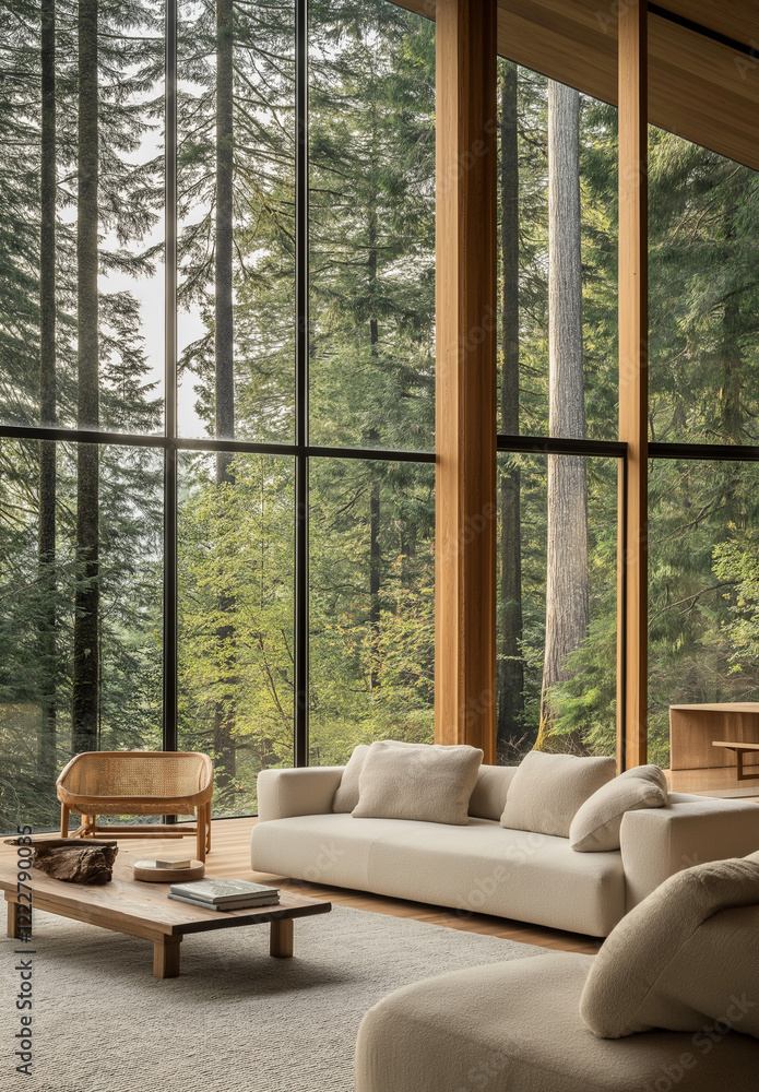 Obraz premium Minimalist Modern Living Room with Forest View in Washington State