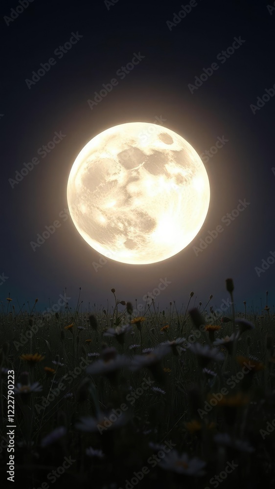 Fototapeta premium Glowing full moon above a field of wildflowers in the night, countryside, peaceful landscape