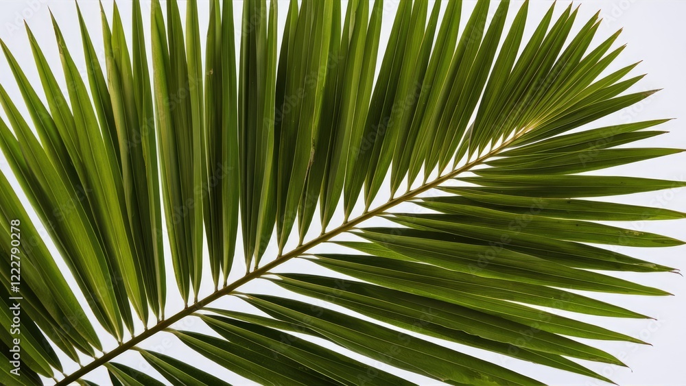 Fototapeta premium Lush green palm tree leaves arranged diagonally on a white background showcasing vibrant hues and intricate details for a natural feel.