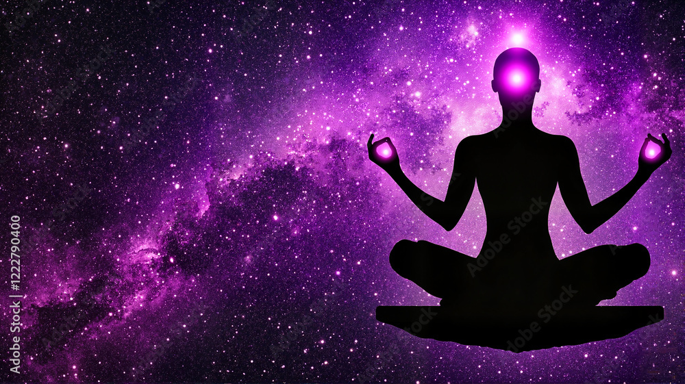 Silhouette of a meditating figure in a cosmic galaxy background Silhouette of a meditating figure in a cosmic galaxy background