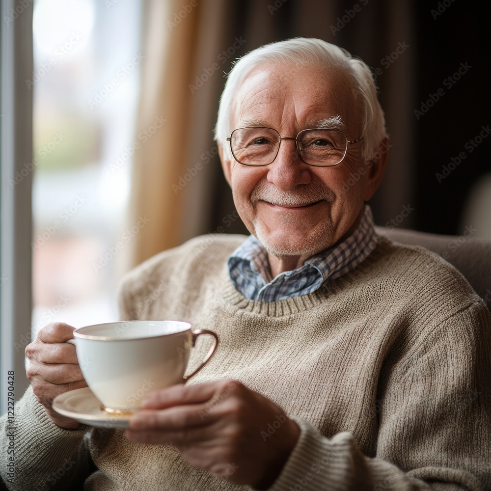 Elderly caucasian male relaxing with tea indoors Elderly caucasian male relaxing with tea indoors