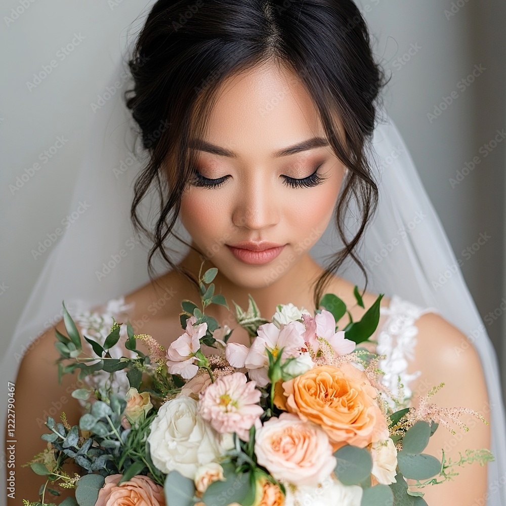 Naklejka premium Bride holding peach and white bouquet.