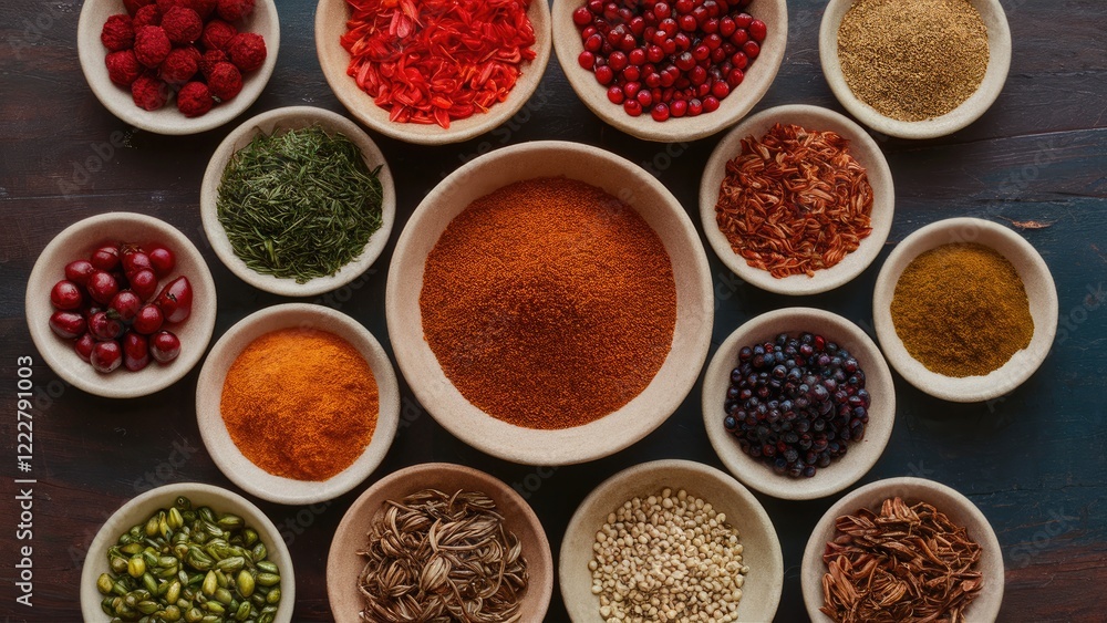 A vibrant arrangement of various spices in circular bowls on a wooden table, featuring shades of red, brown, green, and white, with a central mound of spice. A vibrant arrangement of various spices in circular bowls on a wooden table, featuring shades of red, brown, green, and white, with a central mound of spice.