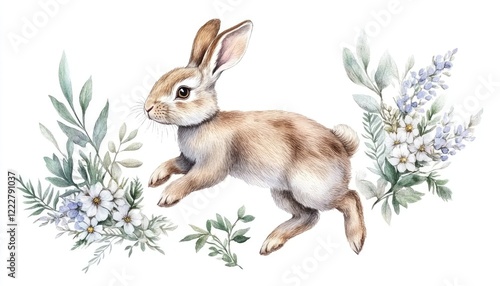 A charming rabbit leaps amidst delicate floral arrangements, evoking a sense of springtime joy and nature's beauty