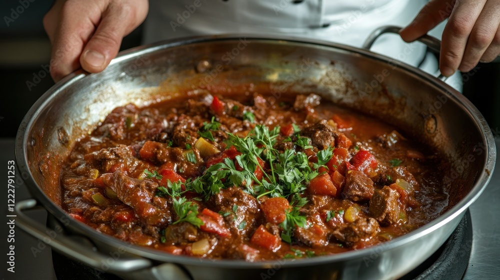 Close-up of a chef presenting a skillet of savory beef stew with peppers and herbs. Close-up of a chef presenting a skillet of savory beef stew with peppers and herbs.