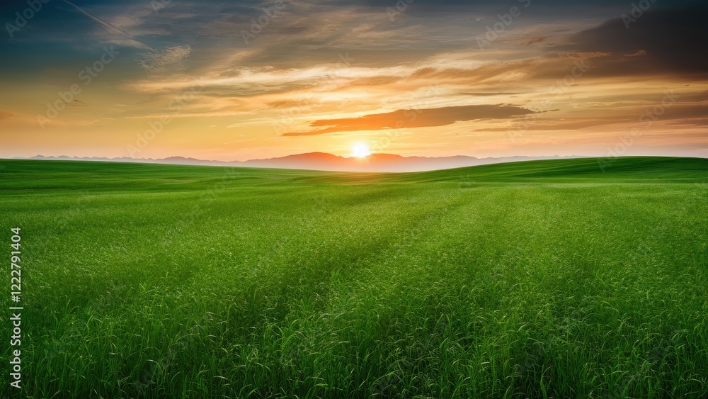 Lush green grass field with vibrant sunset hues in the background showcasing a wide perspective for versatile nature-themed design use Lush green grass field with vibrant sunset hues in the background showcasing a wide perspective for versatile nature-themed design use