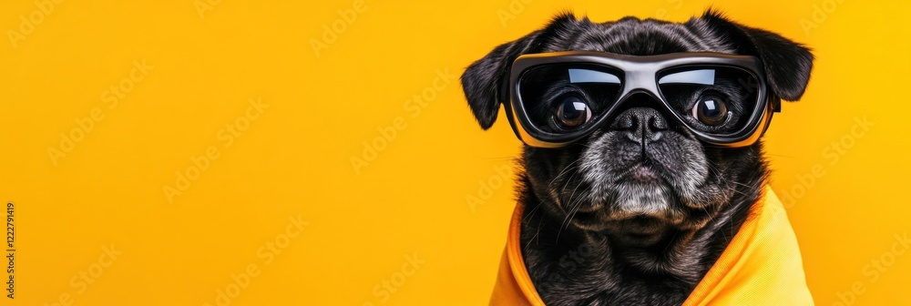 Obraz premium Cool black pug dog wearing goggles against yellow background.
