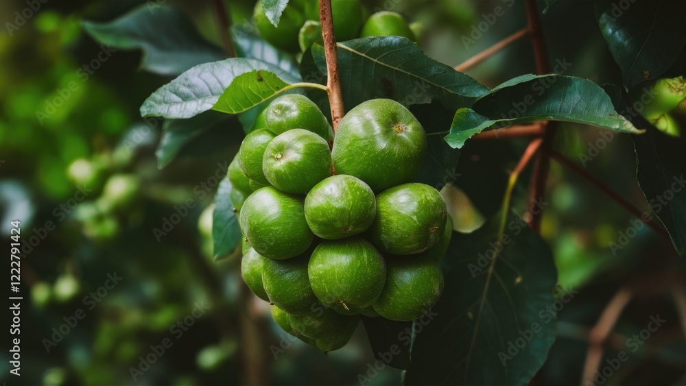 Cluster of green fruits hanging from a branch surrounded by dark green leaves in a lush forest setting, showcasing nature's bounty. Cluster of green fruits hanging from a branch surrounded by dark green leaves in a lush forest setting, showcasing nature's bounty.