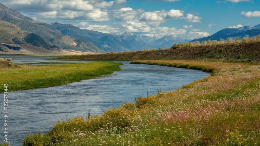 Scenic riverbank landscape with lush green grass and colorful flowers under a blue sky with fluffy clouds and distant mountains. Scenic riverbank landscape with lush green grass and colorful flowers under a blue sky with fluffy clouds and distant mountains.