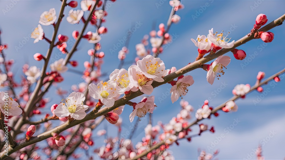 Blossoming apricot branches with pink and white flowers against a bright blue sky featuring delicate petals and budding blooms in vibrant spring colors. Blossoming apricot branches with pink and white flowers against a bright blue sky featuring delicate petals and budding blooms in vibrant spring colors.