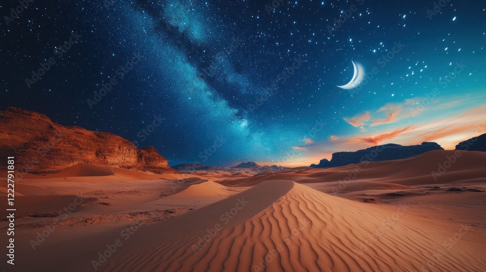Desert Sandscape Under Starry Night Sky With Crescent Moon Desert Sandscape Under Starry Night Sky With Crescent Moon