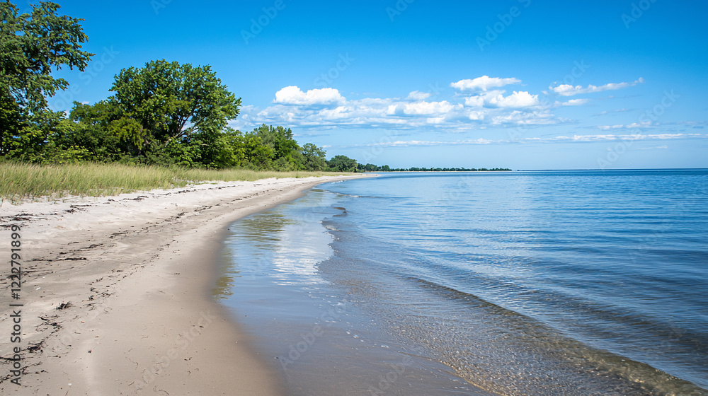 Obraz premium Serene beach landscape with gentle waves lapping the shore under a clear blue sky, ideal for relaxation
