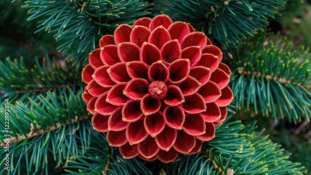 Vibrant red spruce cones arranged in a circular pattern on lush green fir branches viewed from a low angle showcasing natural beauty and detail. Vibrant red spruce cones arranged in a circular pattern on lush green fir branches viewed from a low angle showcasing natural beauty and detail.
