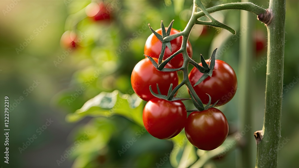 Closeup of vibrant red cherry tomatoes clustered on green twigs with selective focus highlighting their organic freshness in a garden setting Closeup of vibrant red cherry tomatoes clustered on green twigs with selective focus highlighting their organic freshness in a garden setting