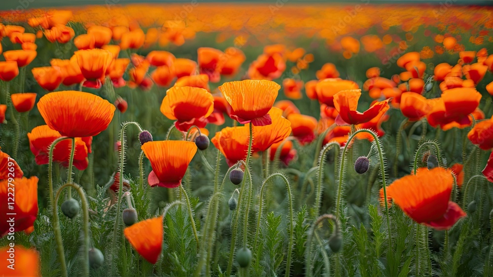 Fototapeta premium Vibrant field of orange Papaver rhoeas poppies with lush green foliage under bright sunlight, creating a stunning floral landscape scene.