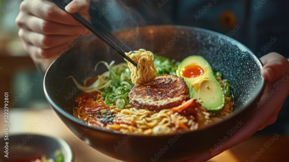 Close-up of hands using chopsticks to lift noodles from a steaming bowl of ramen with avocado, egg, and meat. Close-up of hands using chopsticks to lift noodles from a steaming bowl of ramen with avocado, egg, and meat.