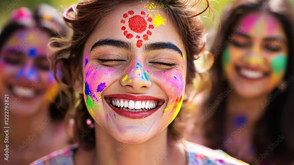 Joyful celebration with smiling friends covered in vibrant colors. Joyful celebration with smiling friends covered in vibrant colors.