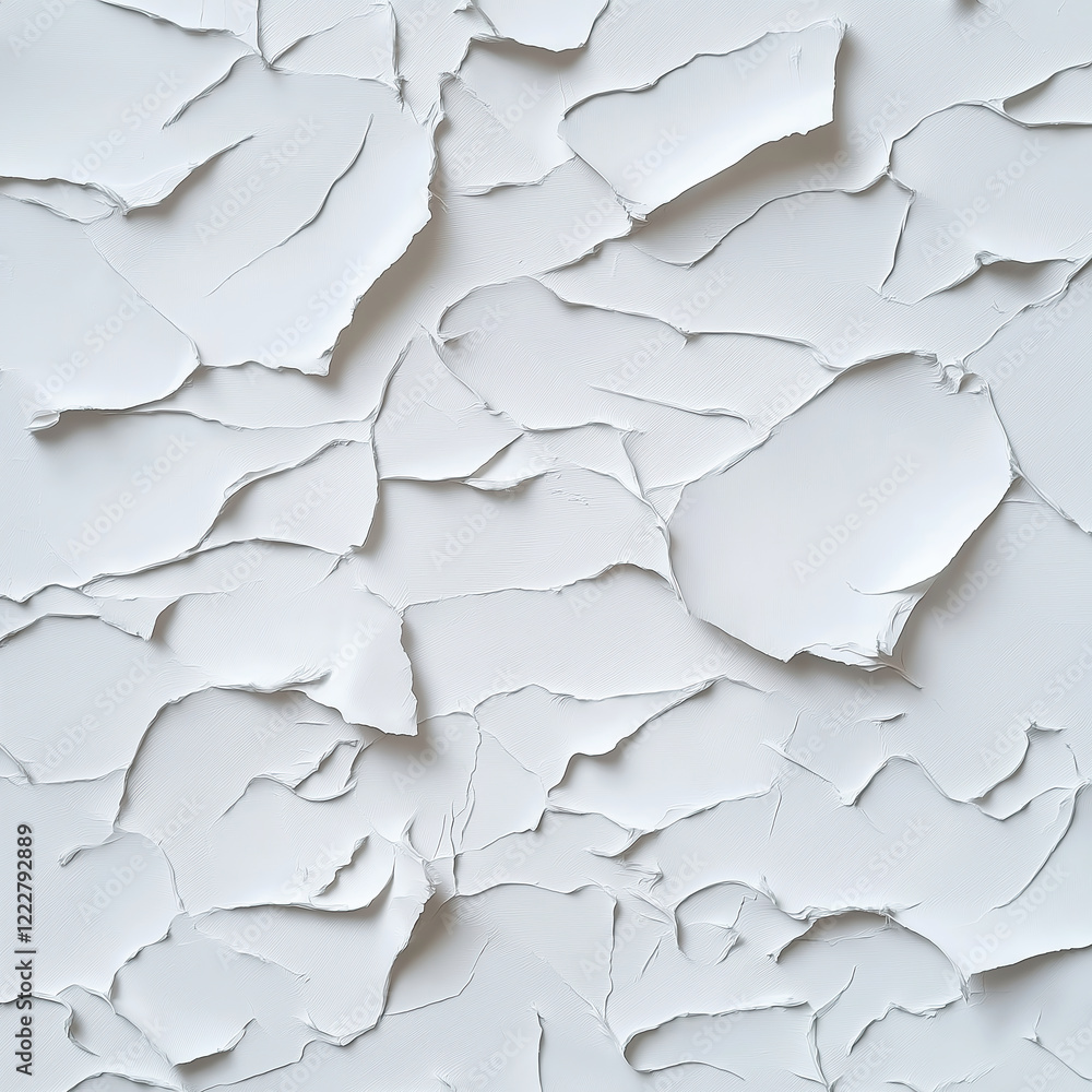 White peeled paint on a flat surface creating abstract cracked patterns