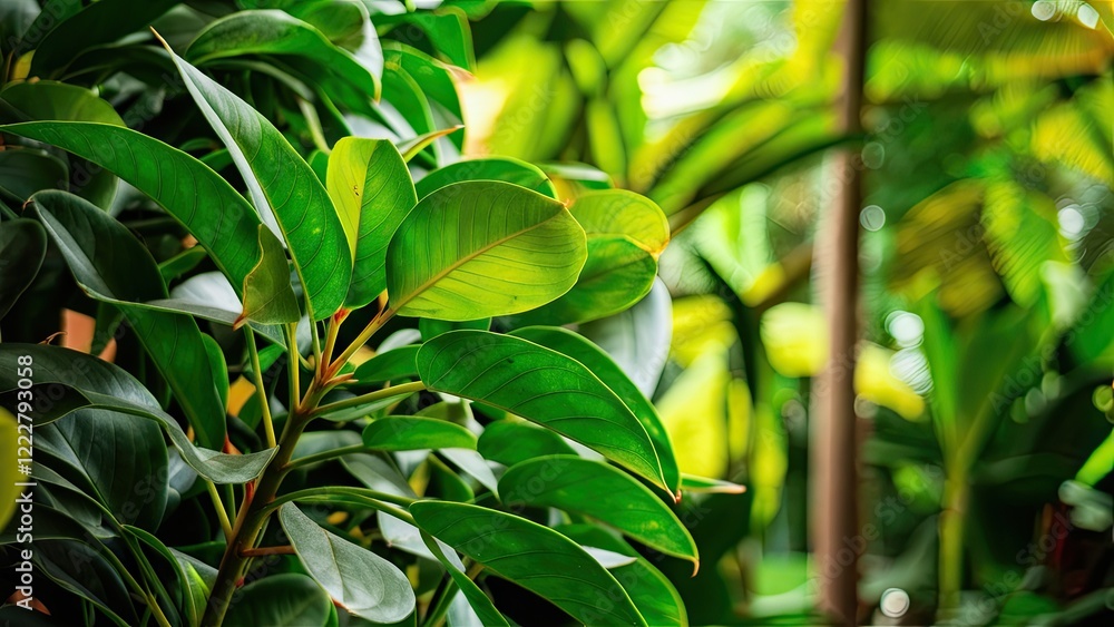 Lush green philodendron leaves dominate the foreground with sunlight filtering through vibrant tropical foliage in a serene garden setting. Lush green philodendron leaves dominate the foreground with sunlight filtering through vibrant tropical foliage in a serene garden setting.
