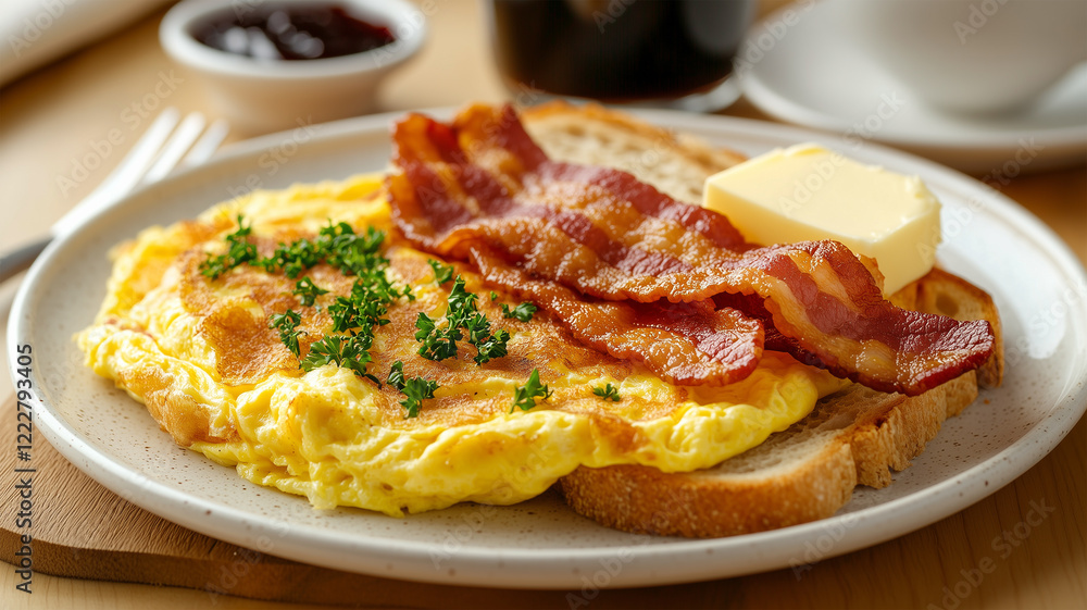 オムレツとパン、ベーコンが並ぶクラシックな朝食プレート オムレツとパン、ベーコンが並ぶクラシックな朝食プレート