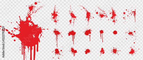Set red blood stains and blood splatter marks on transparent background. Large bloody stains and marks. Dynamic blood spatters and smudges. Realistic set red blood stains. Vector set