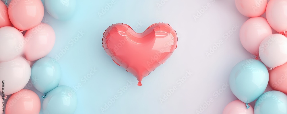 Obraz premium Heart-shaped balloon surrounded by pink and blue balloons on light background