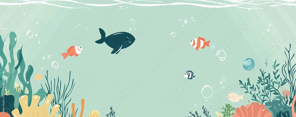 Obraz premium Underwater scene with whale, clownfish, coral, and seaweed.