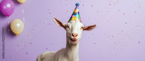 Happy goat wearing a party hat with balloons and confetti on a purple background. photo