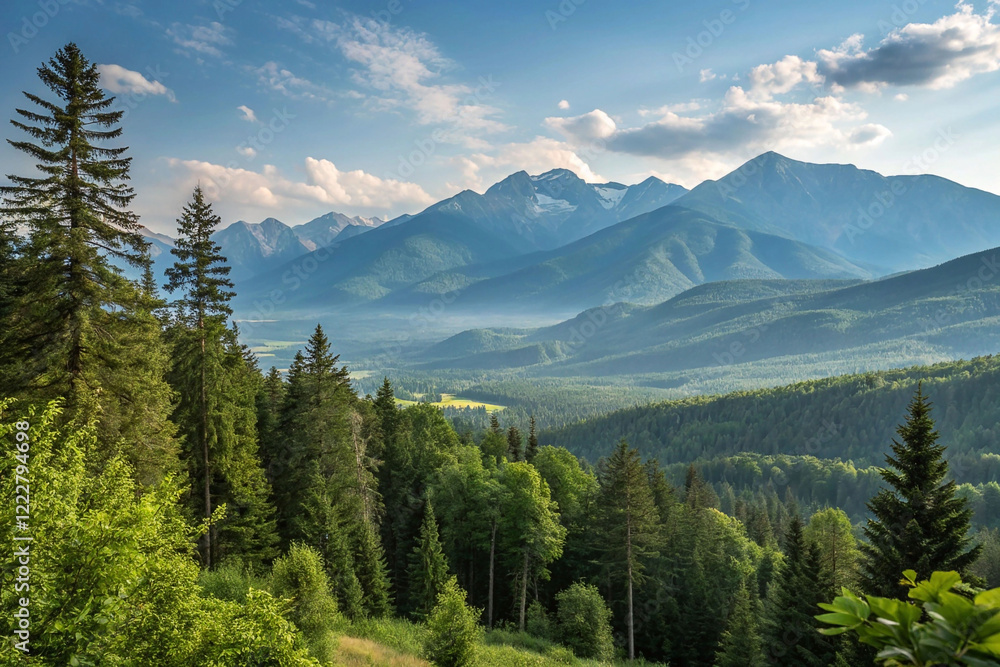 Majestic mountain range view with lush green forest. Majestic mountain range view with lush green forest.
