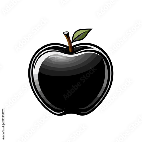 Shiny black apple with green leaf, temptation and desire