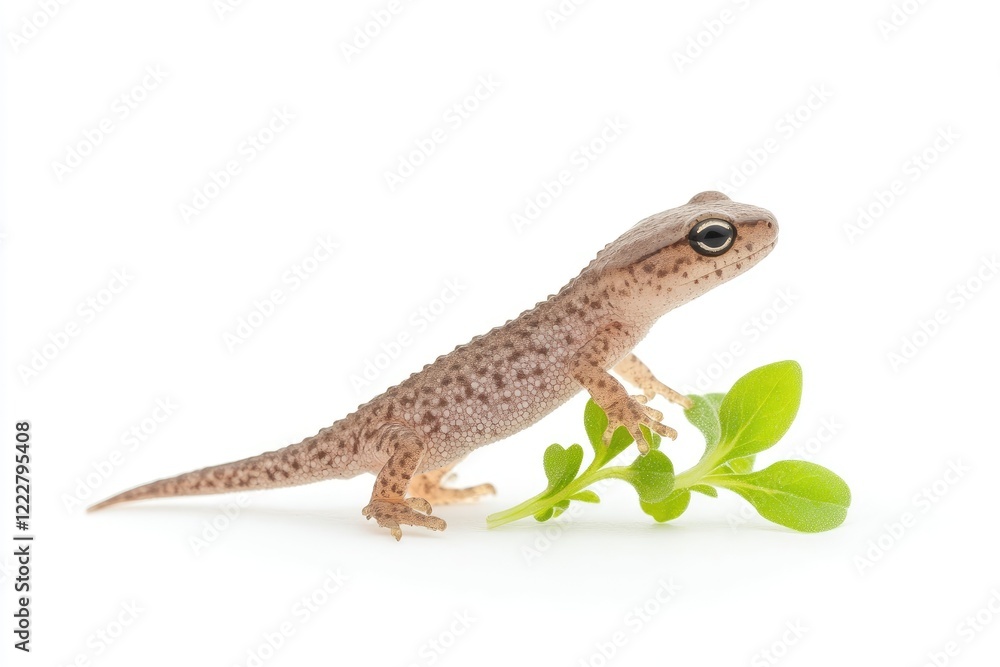 Naklejka premium A small gecko perched on a green sprig, showcasing its delicate features against a clean white background