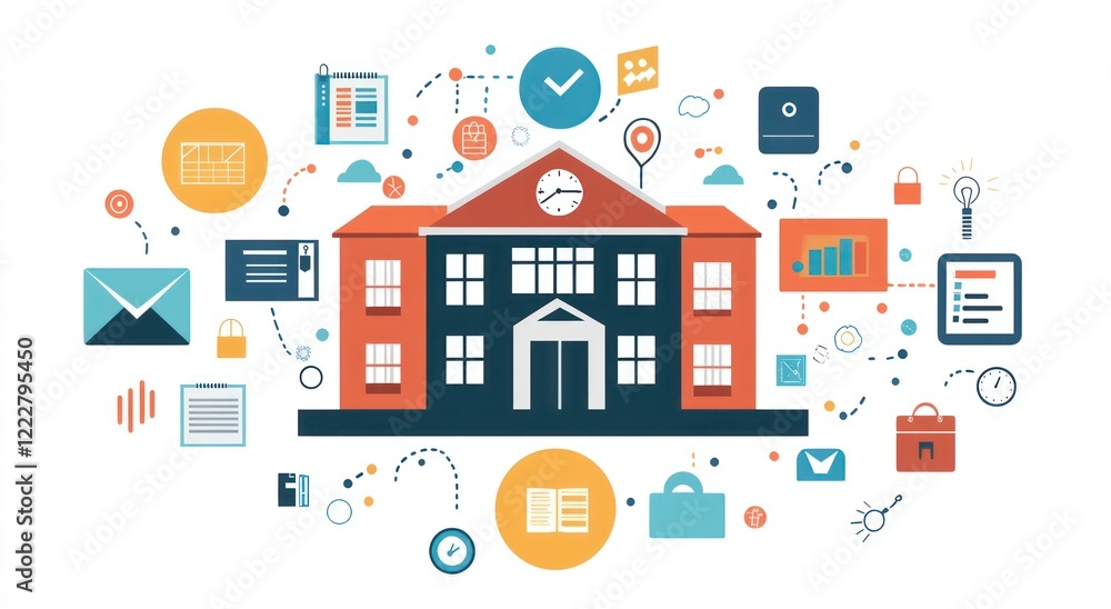 School building with connected icons representing online learning, communication, and management. School building with connected icons representing online learning, communication, and management.