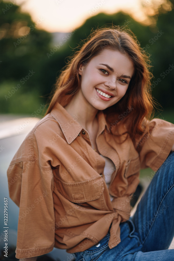 Smiling young woman in casual outfit enjoying outdoor setting with sunset in background, portraying happiness and relaxation in nature. Smiling young woman in casual outfit enjoying outdoor setting with sunset in background, portraying happiness and relaxation in nature.