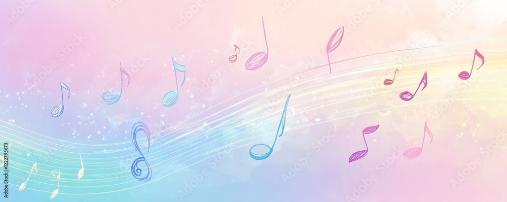 Pastel-colored musical notes floating on a dreamy background. Pastel-colored musical notes floating on a dreamy background.