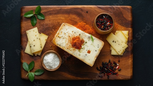 Cheese block topped with spices on a wooden board surrounded by sliced cheese and herbs in earthy tones of brown and green photo