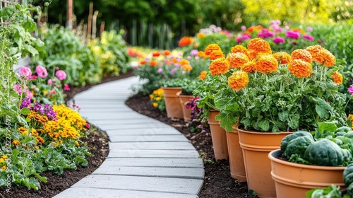 Wallpaper Mural Gardening landscaping idea. A vibrant garden path lined with colorful flowers and lush green plants. Torontodigital.ca