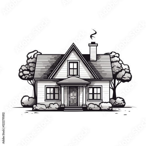 Charming black and white house illustration with trees, home sweet home