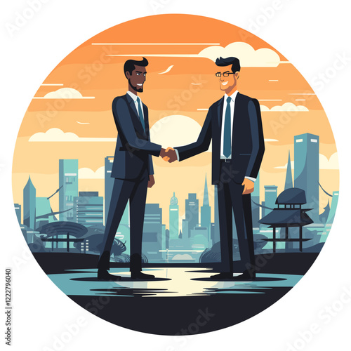 Business partnership handshake at sunset in urban skyline, collaboration