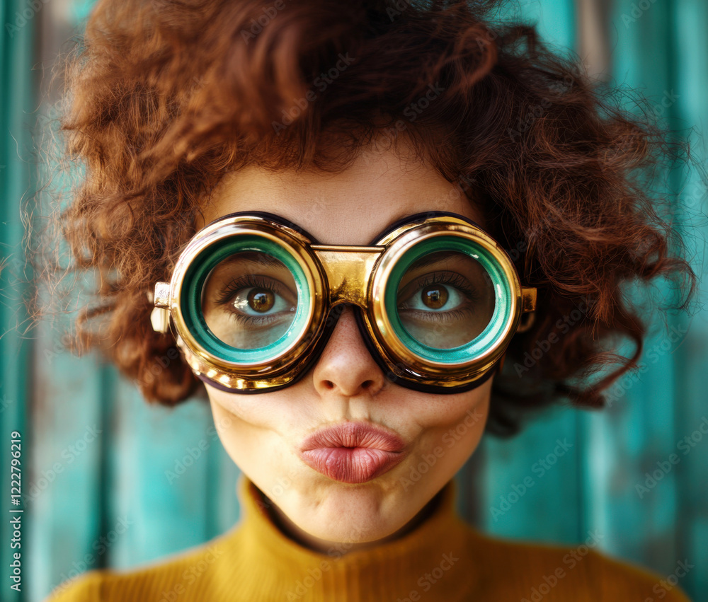 Curly-haired person poses playfully with oversized goggles against a vintage wooden backdrop on a bright day Curly-haired person poses playfully with oversized goggles against a vintage wooden backdrop on a bright day