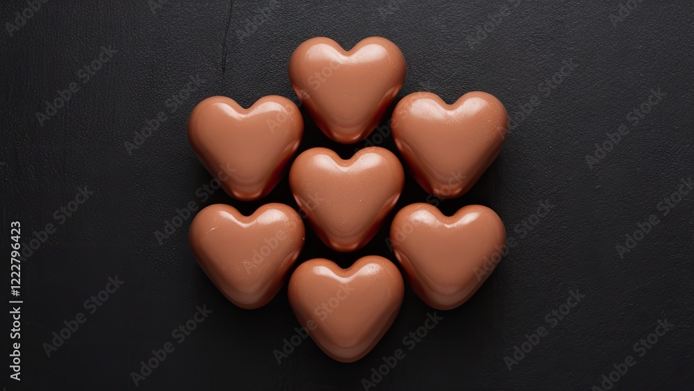 Obraz premium Heart-shaped chocolate candies in a stacked arrangement with a glossy finish, positioned centrally against a dark backdrop, featuring warm brown tones.