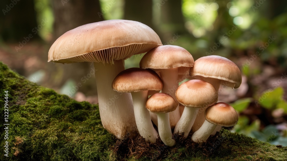 Mushrooms clustered on mossy log with soft lighting showcasing cream and brown caps surrounded by lush green foliage in serene forest setting Mushrooms clustered on mossy log with soft lighting showcasing cream and brown caps surrounded by lush green foliage in serene forest setting