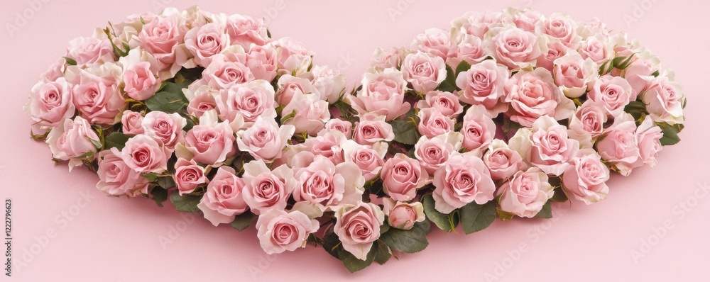Heart shaped pink rose arrangement on soft pink background Heart shaped pink rose arrangement on soft pink background