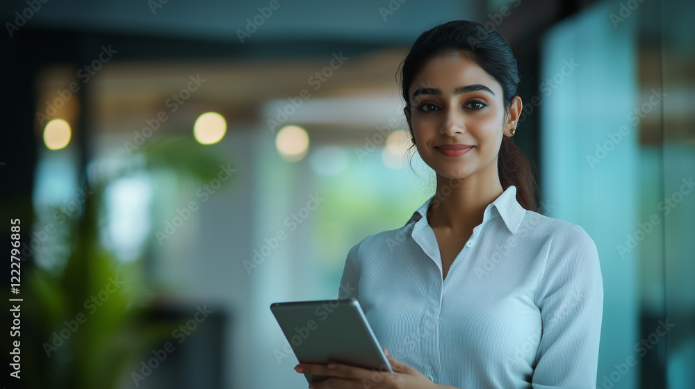 Fototapeta premium Happy young Indian professional business woman using tab standing in office. Happy businesswoman manager female executive leader holding tab at work looking away dreaming of future successful career